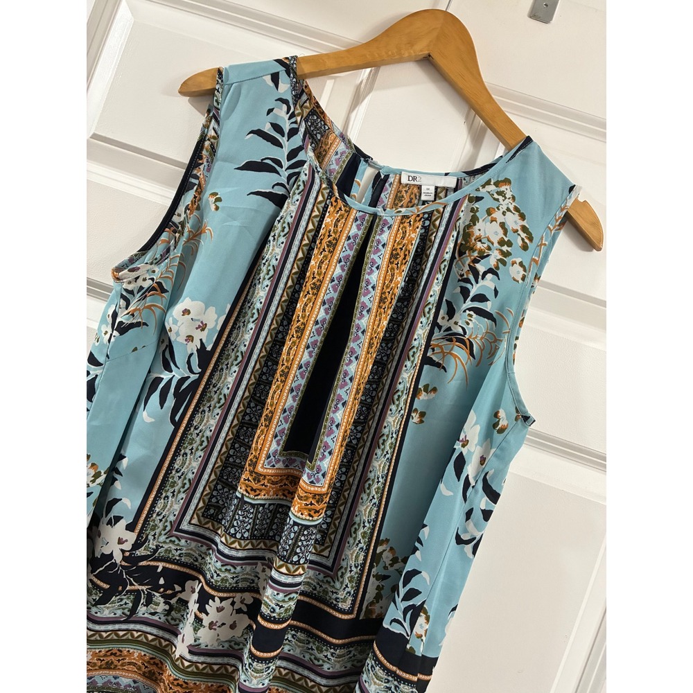 DR2 Daniel Rainn Womens 1X Blue Boho Scarf Print Sleeveless Blouse DRX19515PR1